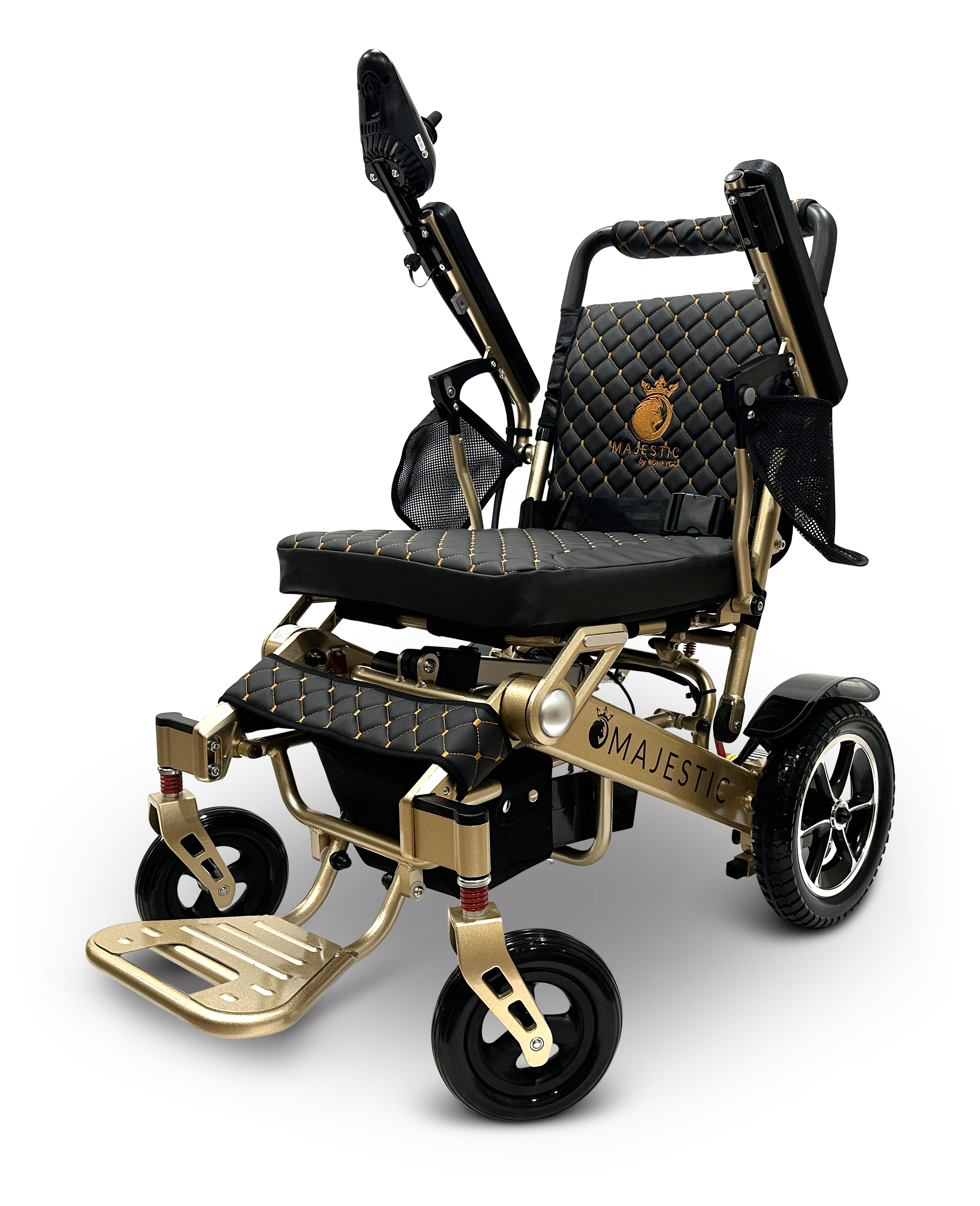 The MAJESTIC IQ-7000 Remote Controlled Electric Wheelchair features a sophisticated black and gold design with a quilted seat, adjustable footrest, and armrests. With its large rear wheels, smaller front wheels, and 360-degree joystick for easy maneuvering, it offers the perfect combination of mobility and comfort for those on the move.